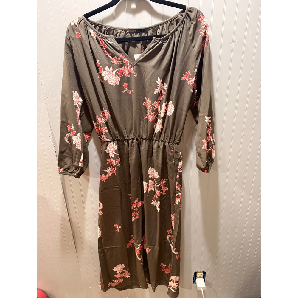 Fraiche by J Olive Brown Floral V-Neck Elastic Waist Midi Dress Womens Small USA